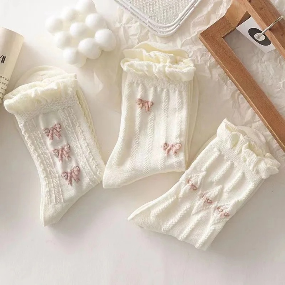 NEW Bow Socks Set of 3 White and Pink